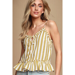 Lulus Valiente White And Mustard Yellow Striped Ruffled Tank Top - Size M